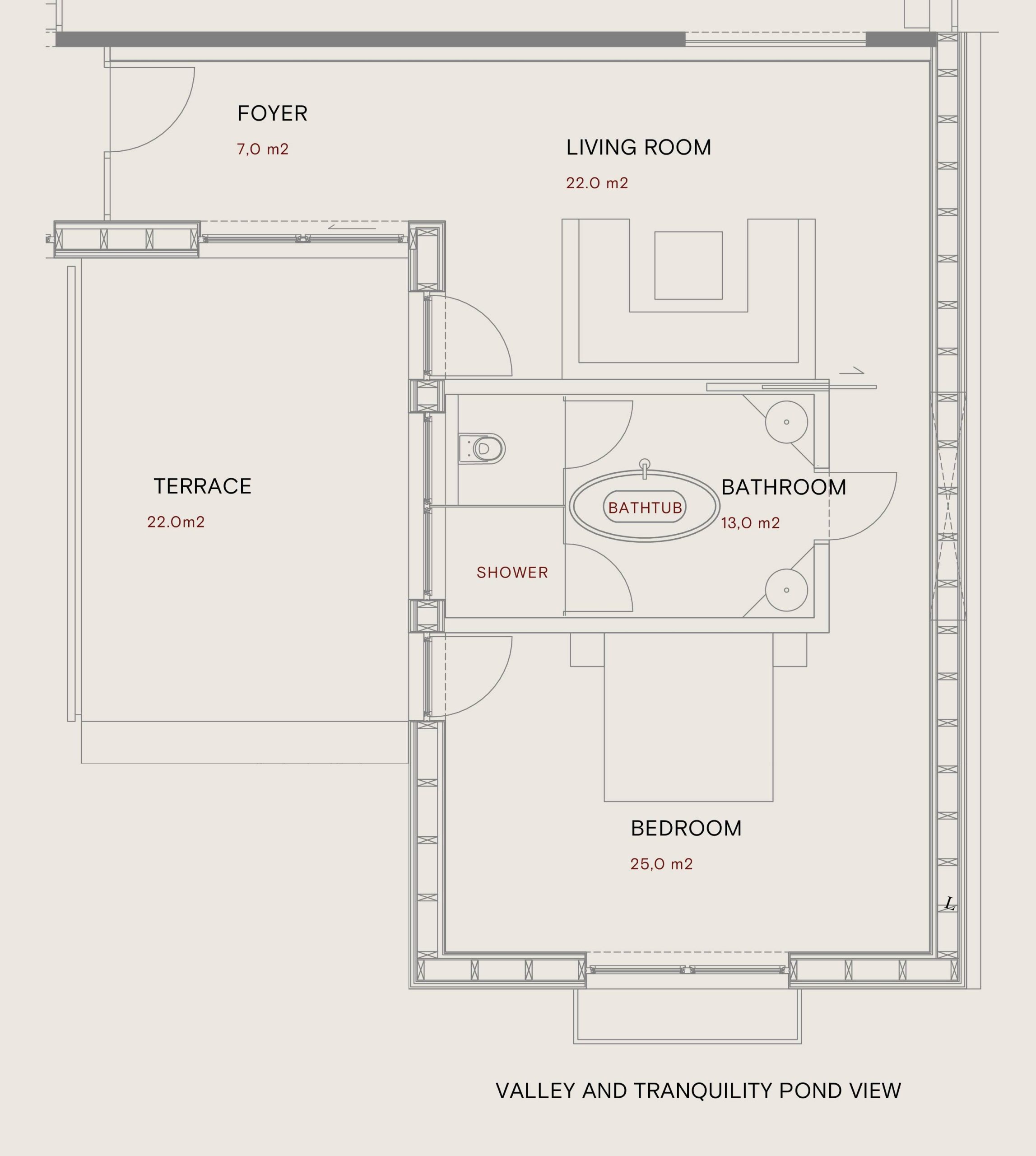Floor plan of a JK7 suite featuring a central bathtub, 22m2 living room, and a 21m2 terrace.