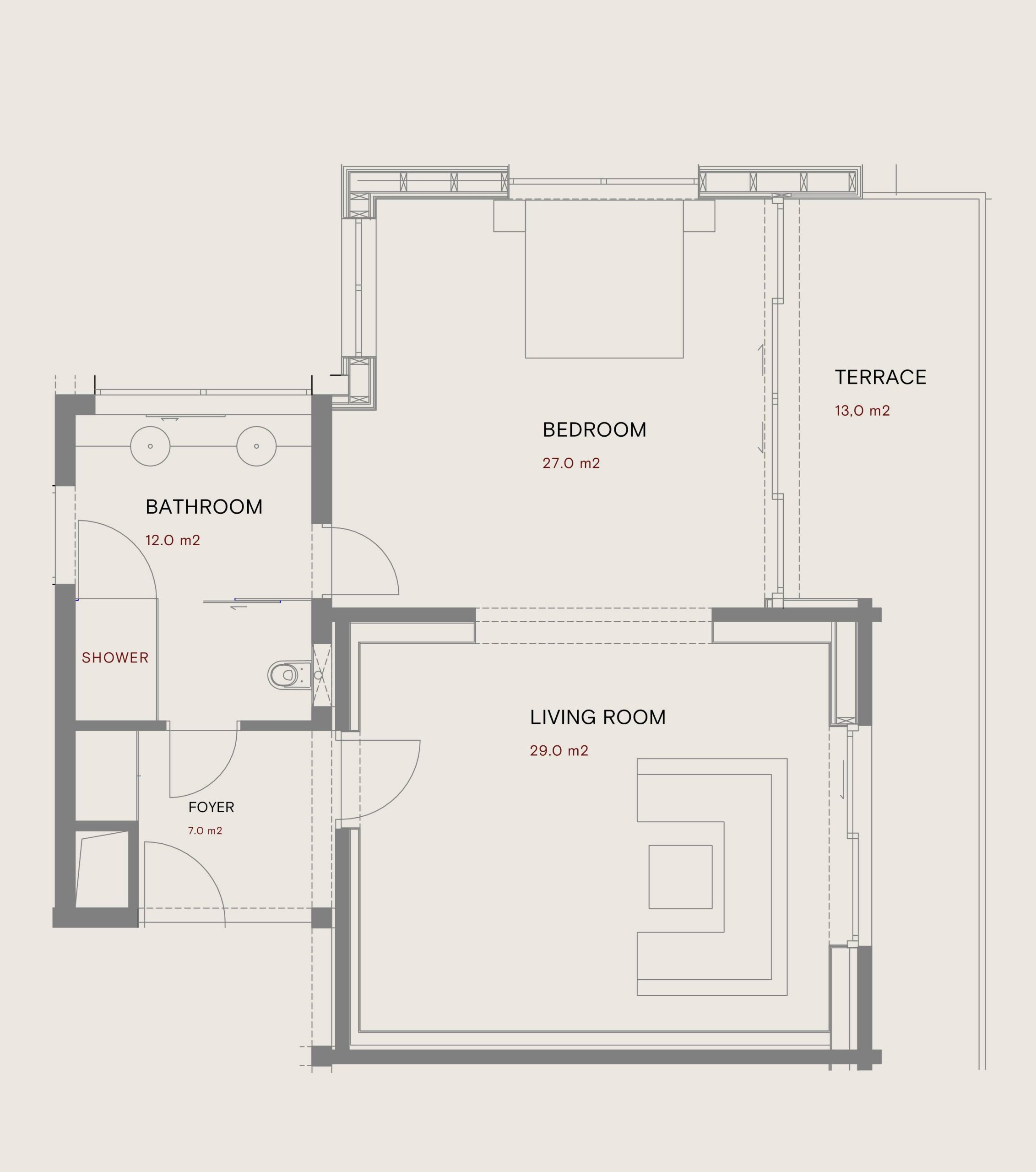 Floor plan of a JK7 suite showing a living room, bedroom, and a spacious outdoor terrace.