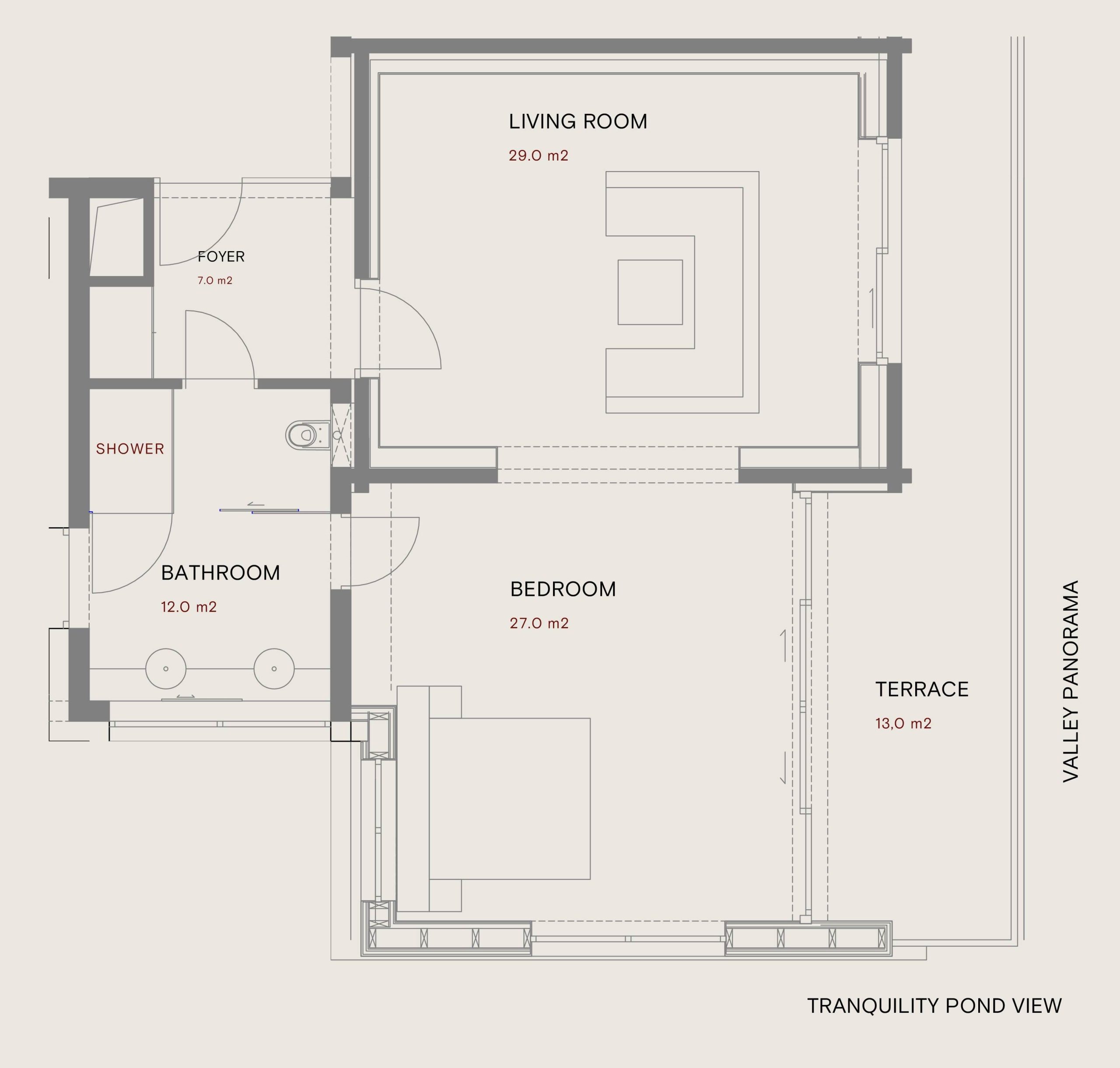 Floor plan of a luxury private suite at JK7 featuring a 29m2 living room, 27m2 bedroom, and a terrace with valley panorama