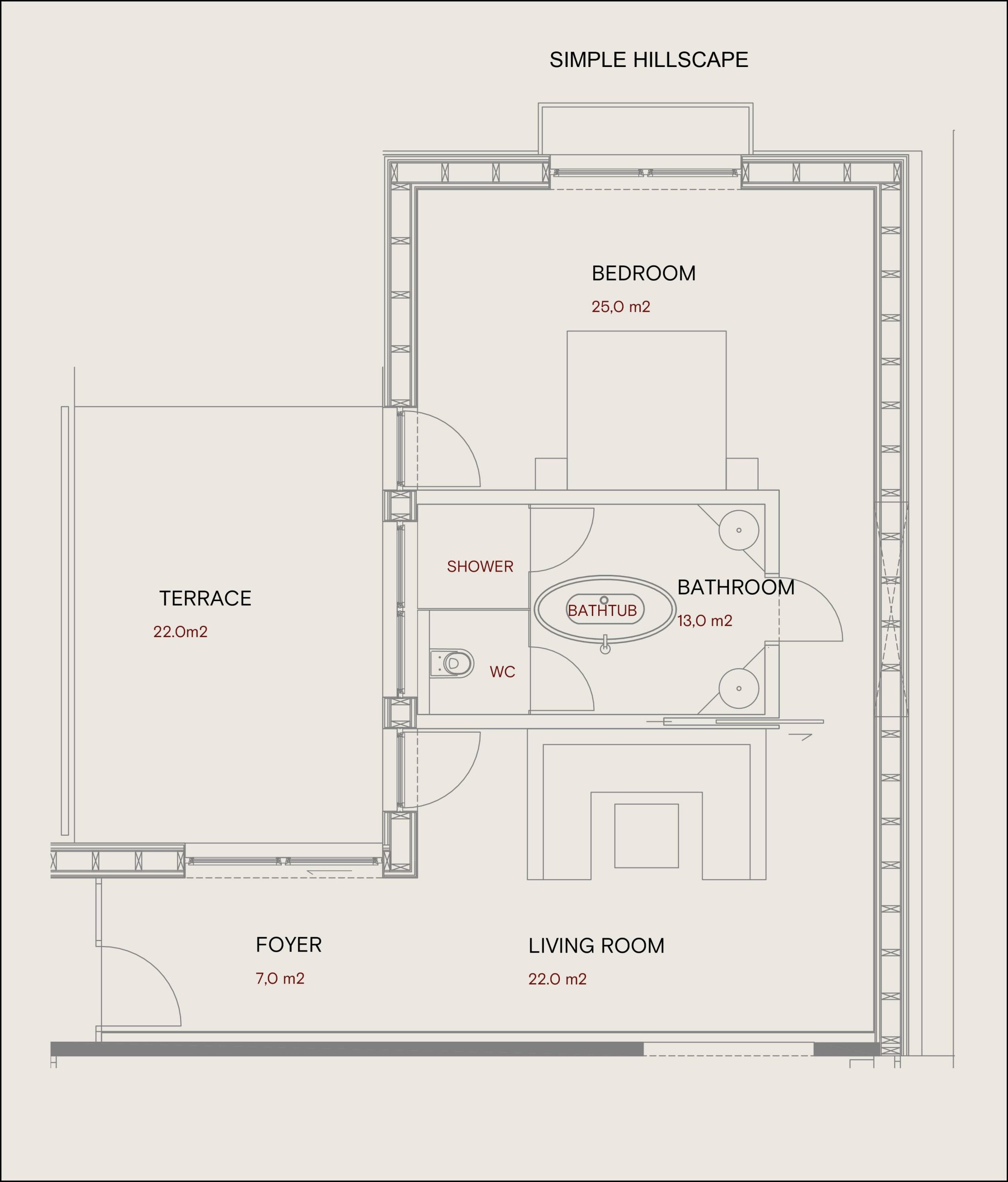 Floor plan of a luxury private suite featuring a central bathtub, 22m2 living room, and a 21m2 terrace.